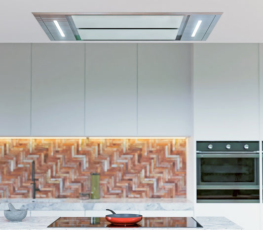 FALCO 110cm White Glass & Stainless Steel Ceiling Extractor (Electronic Button with LED Display + Remote Control) - Built-in -FAL-110-CEWG