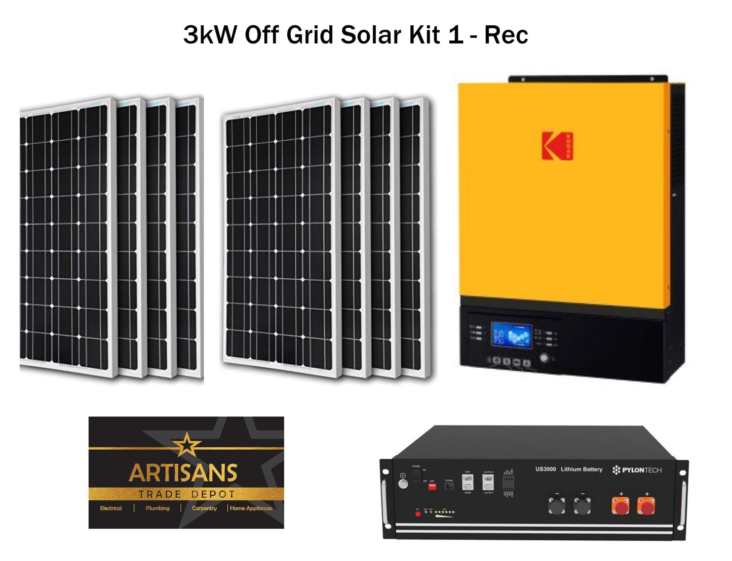 3kW Off Grid Solar Kit 1 - REC - (PV Panels, Inverter & Lithium Ion Battery) - Artisans Trade Depot