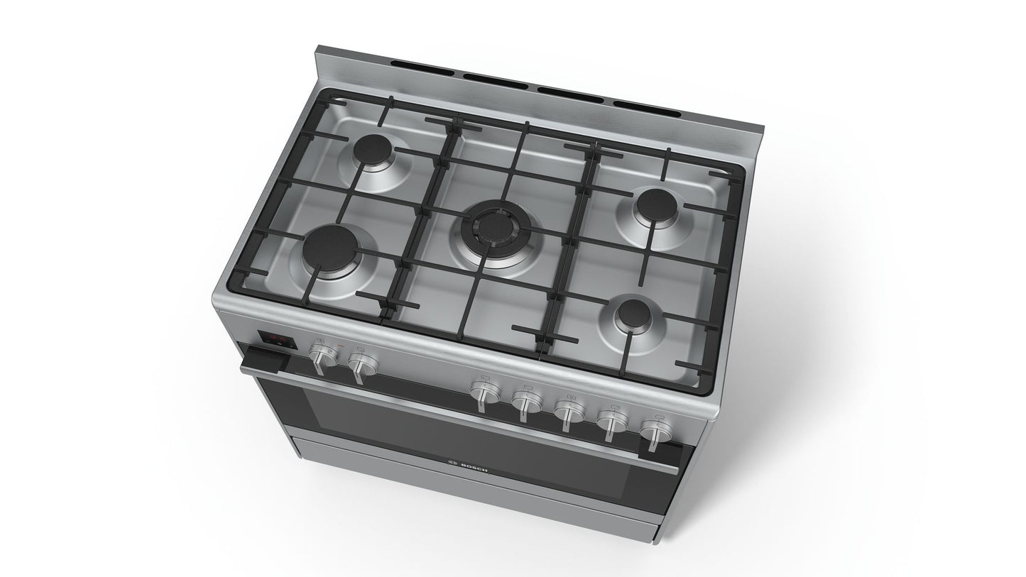 Bosch 90cm Freestanding Gas Cooker - Stainless Steel - Serie | 6 Dual fuel range cooker - HSB737357Z - Artisans Trade Depot