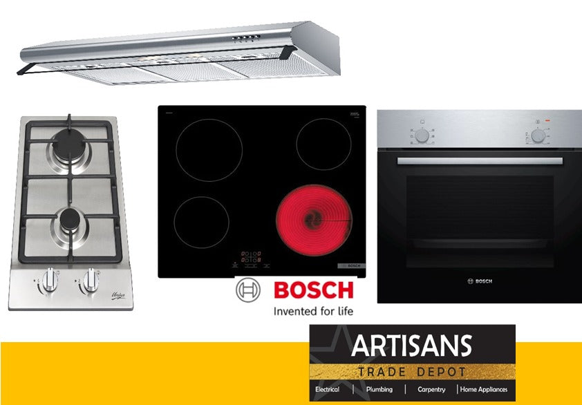 BOSCH Built-In Electric Oven, Electric Hob, UNIVA Gas Hob & FALCO Extractor Combo Set