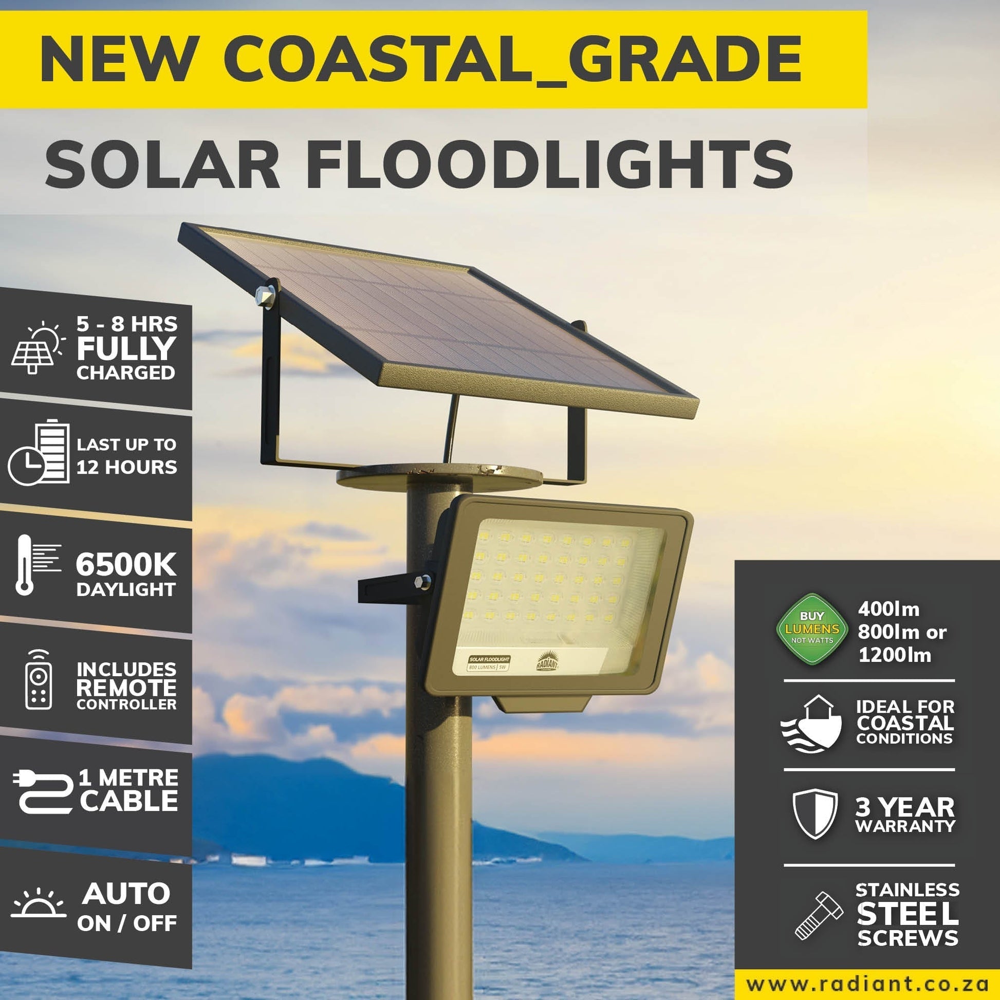 RADIANT RFS75 - Solar Floodlight & Remote LED 20W 3000lm 6500K ...