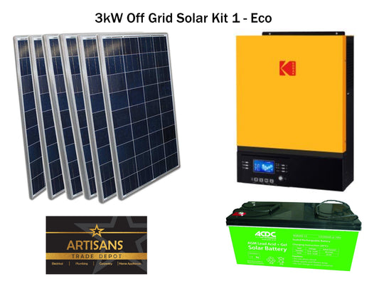 3kW Off Grid Solar Kit 2 - ECO - (PV Panels, Inverter & AGM Lead Acid Battery) - Artisans Trade Depot