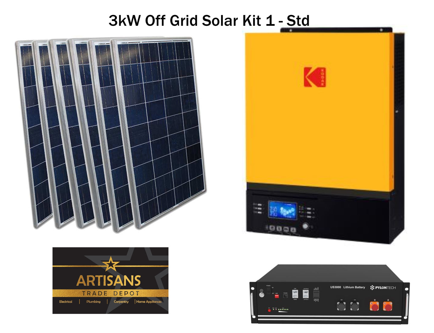 3kW Off Grid Solar Kit 1 - STD - (PV Panels, Inverter & Lithium Ion Battery) - Artisans Trade Depot