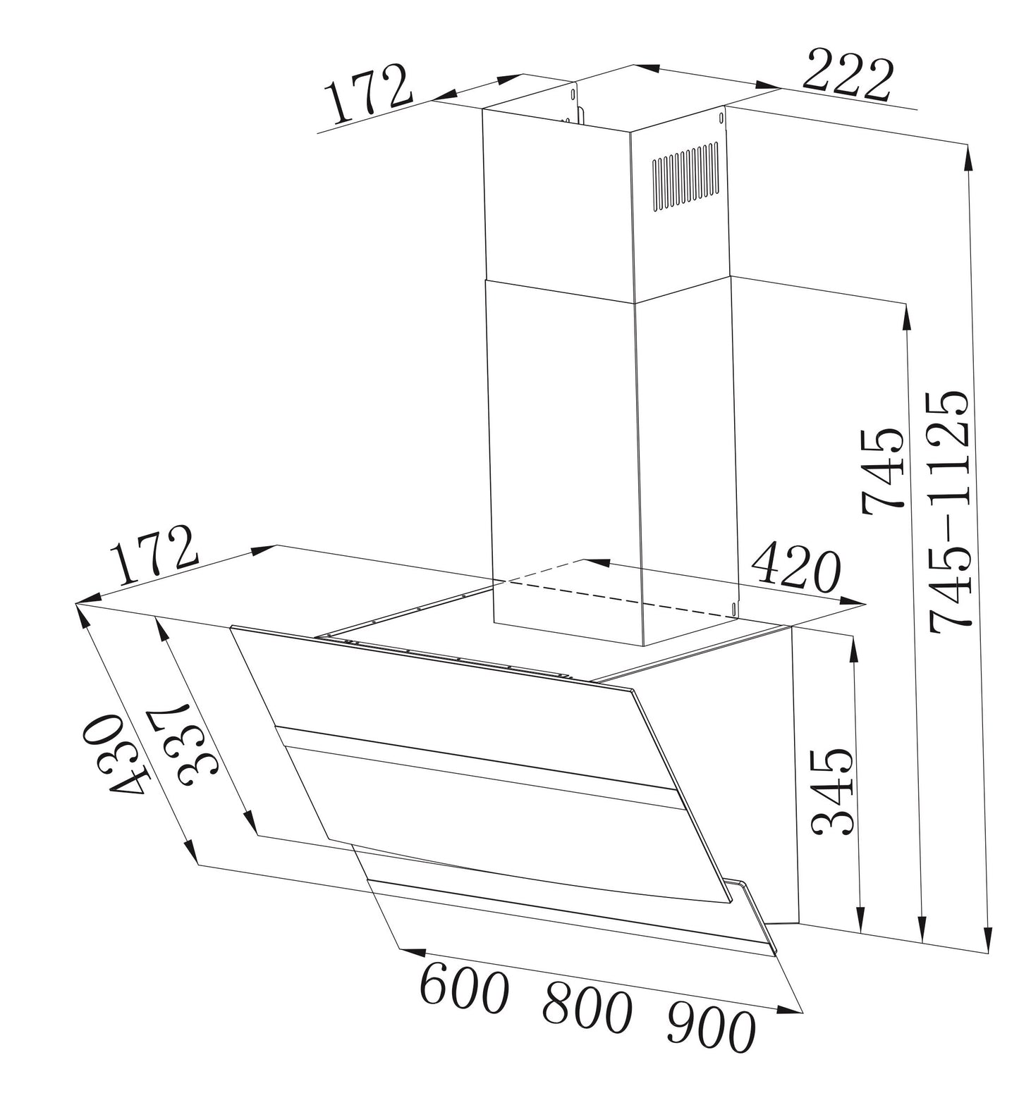 FALCO 60cm 45DEG Black Glass Wall Mount EXTRACTOR - AR-60-736