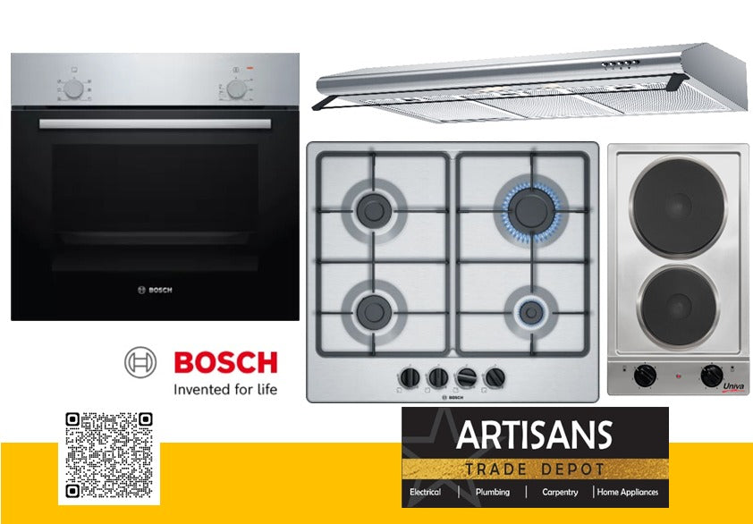 BOSCH Built-In Electric Oven, Gas Hob, Extractor & UNIVA Electric Hob Combo Set